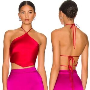 Amanda Uprichard Revolve Cruise Red Silk Halterneck Tie Back Top